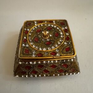 Vintage Jeweled & Mirrored Trinket Box With Brass Accents  India